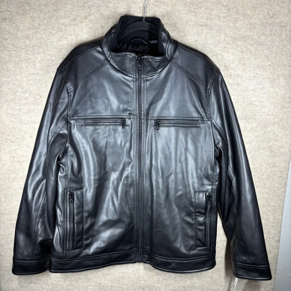 Calvin Klein Mens Faux Leather Moto Jacket Black Full Zip CM091207 Size L NEW